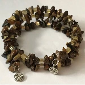 Tigers Eye Precious Stone 3” Triple Strand Memory Wire Bracelet Swirl Charm